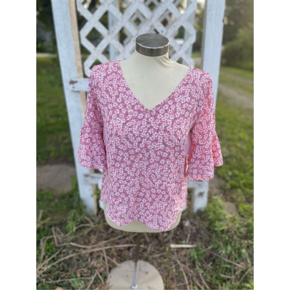 Pink Floral Flare Sleeve Boutique Top Small